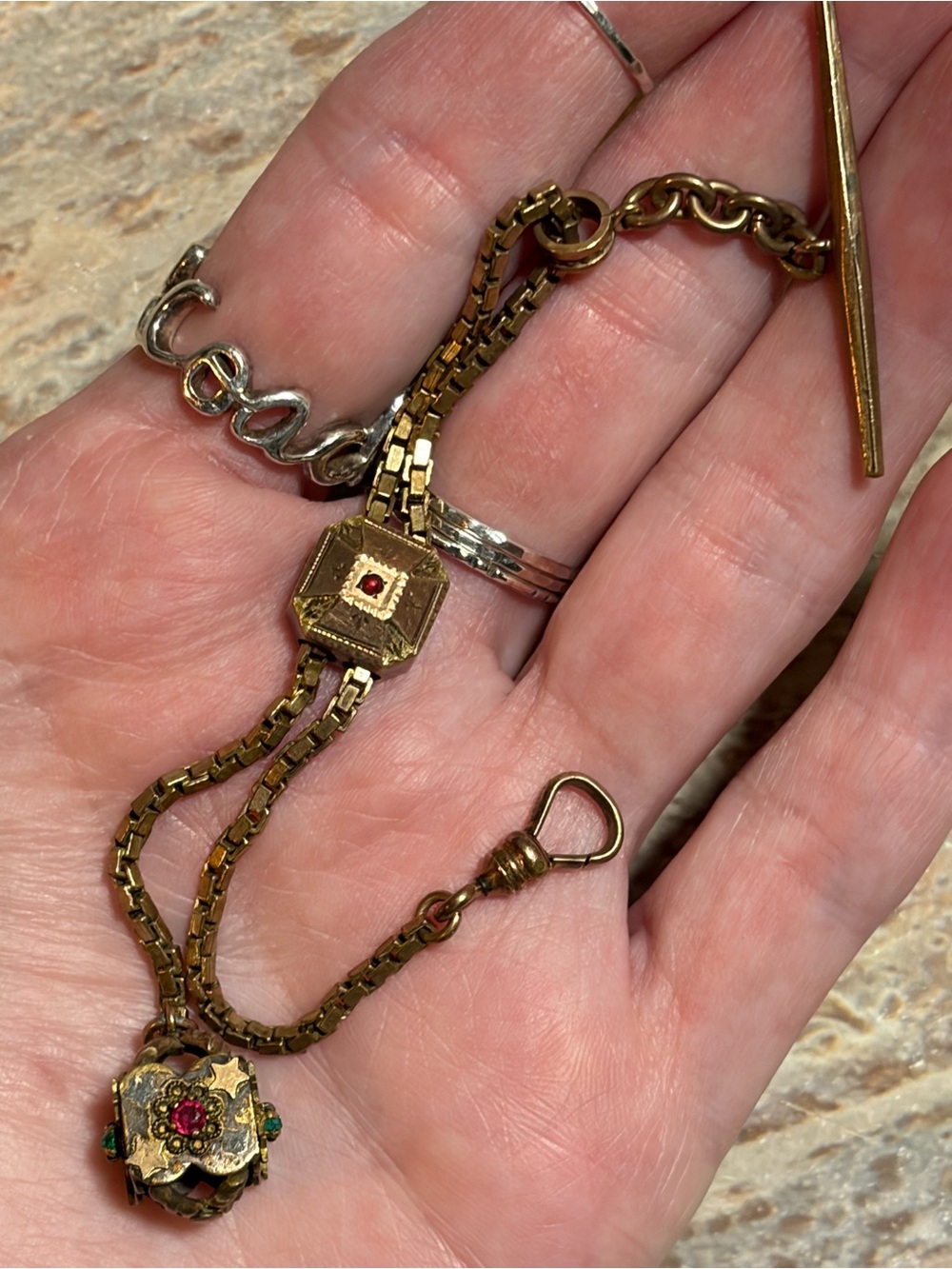 Victorian Gold Fill Or Gold Shell Pocket Watch Fob With Different Color Gems - Picture 4 of 16